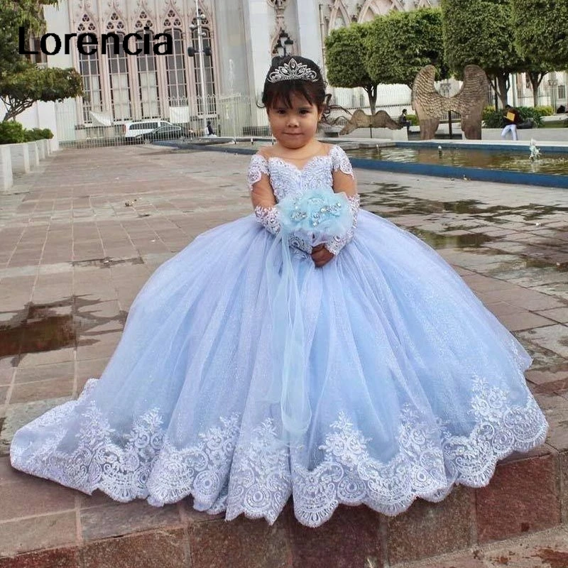 Lorencia ชุดเดรสผู้หญิงลายดอกไม้ลูกไม้สีฟ้าแขนยาวสำหรับงานแต่งงาน appliqued ชุดไปงานเต้นรำประกวด appliqued ชุดราตรีงานเลี้ยงสังสรรค์สำหรับ YFD73