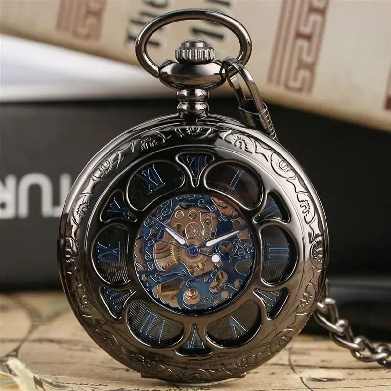 Vintage Hollow-out Flower Roman Number Men Manual Mechanical Pocket Watch Exquisite Pendant Hand-winding Clock with FOB Chain
