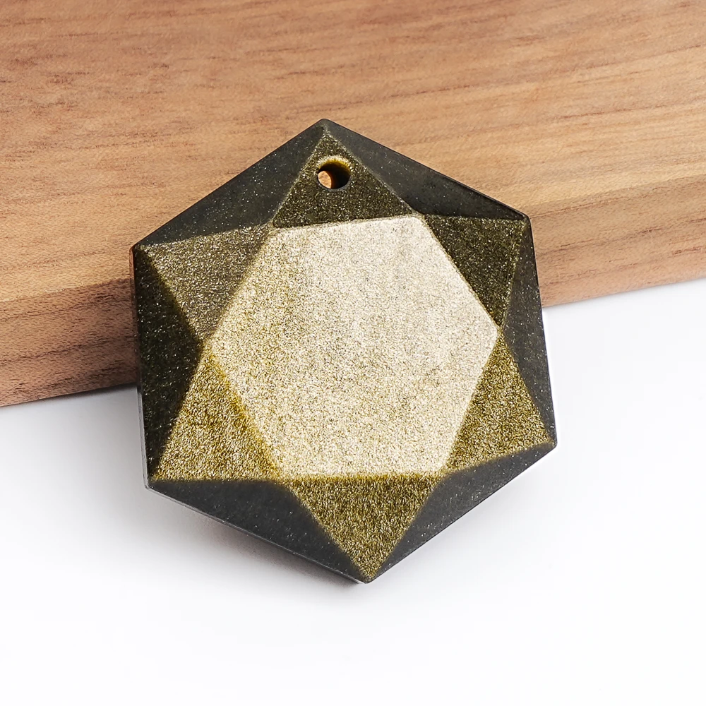 Golden Obsidian Semi Precious Stone Pendant 30x26x10MM Gold Flash Black Hexagram Star Shape Charm for Jewelry Making DIY