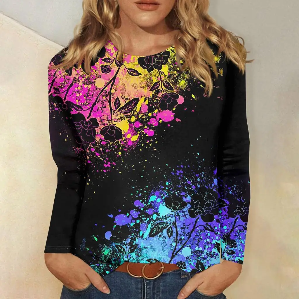 Women's basic long-sleeved T-shirt, round neck, leaf print, plain top, everyday pullover, party gift, versatile T-shirt