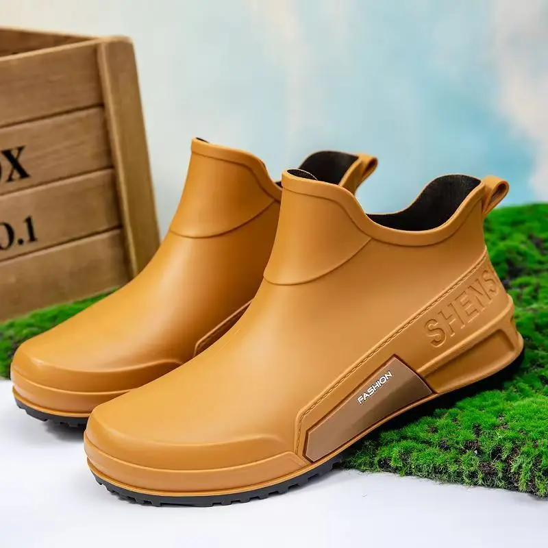 Spring Autumn New Men Flat Sole Ankle Rain Boots Thick Sole Round Toe Slip On Lovers Waterproof Kitchen Work Shoes Water Shoes