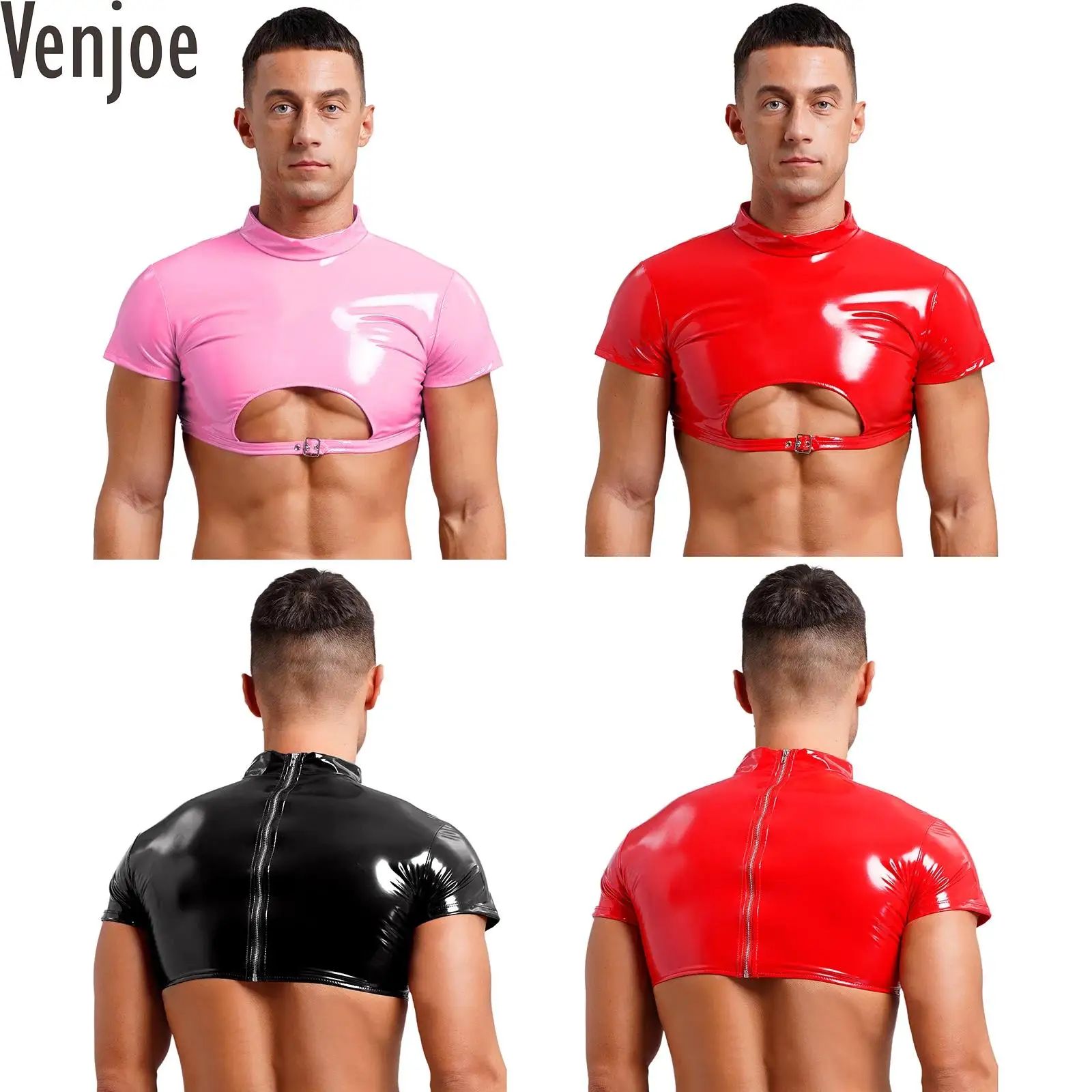 Mens Shiny Leather Turtleneck Crop Top Clubwear Short Sleeve Cutout Buckle Back Zipper Skinny Top for Disco Party Night Club