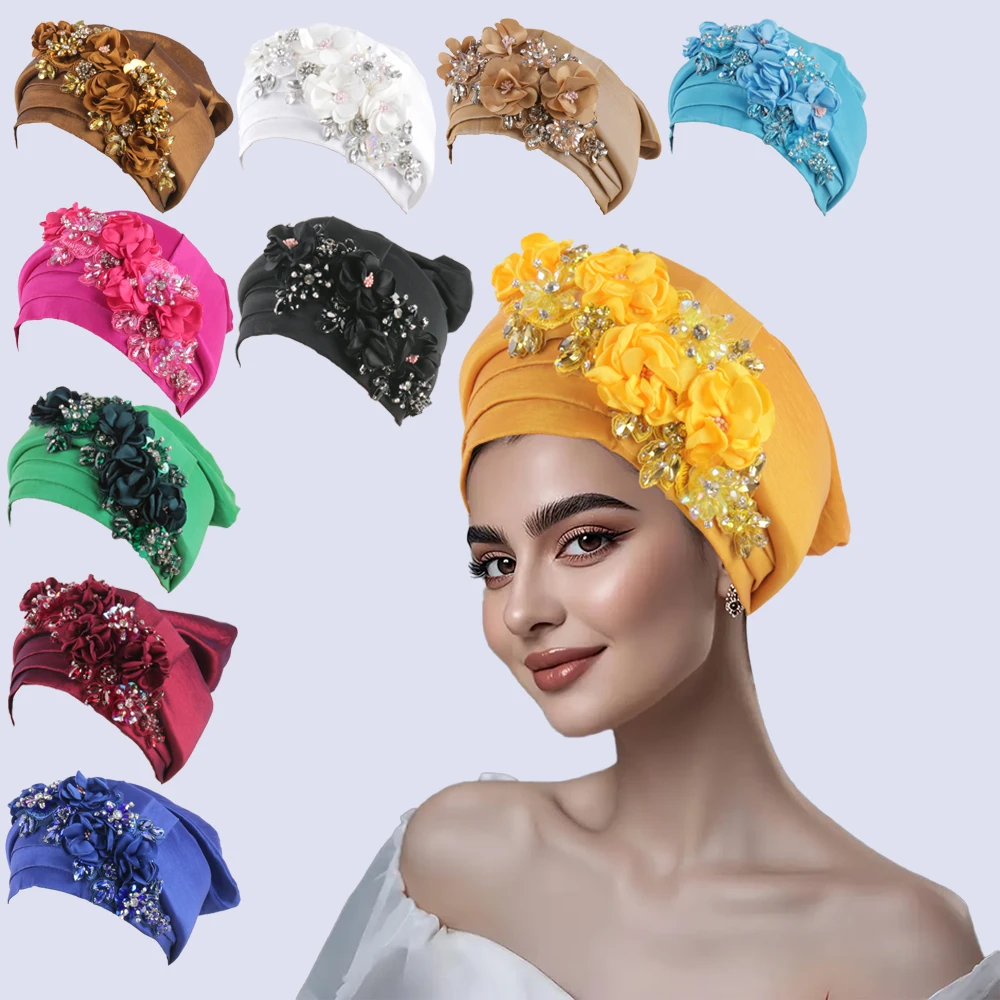 African Auto Gele Headtie Wedding Party Headpiece Women Head Wraps Muslim Hat Hijab Bonnet Nigeria Flower Turban Cap Headgear