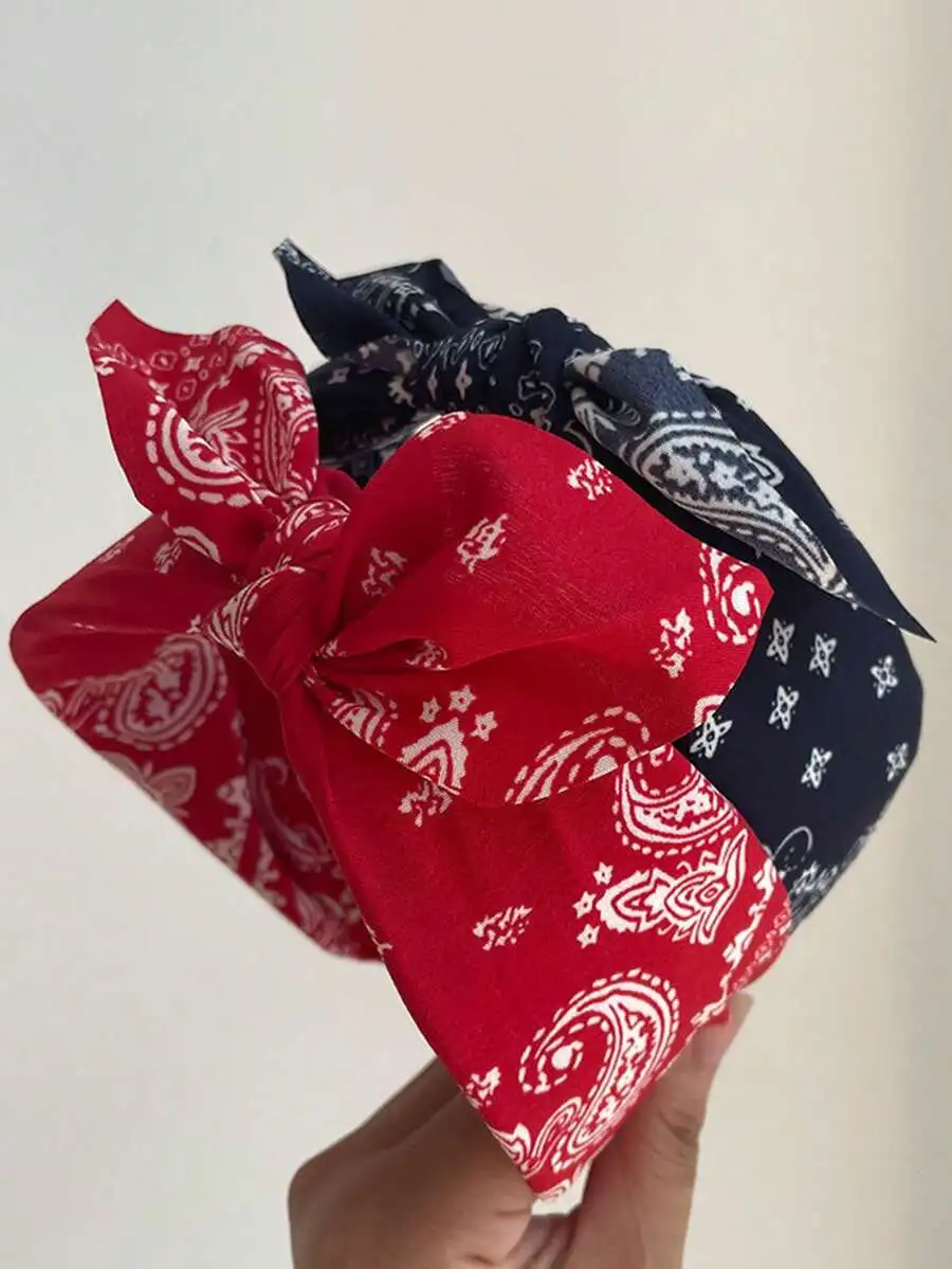 Summer New Simple Vintage Paisley Flower Bowknot Rabbit Ear Broadside Bright Colored Fabric Hairband Headband Women Hairband