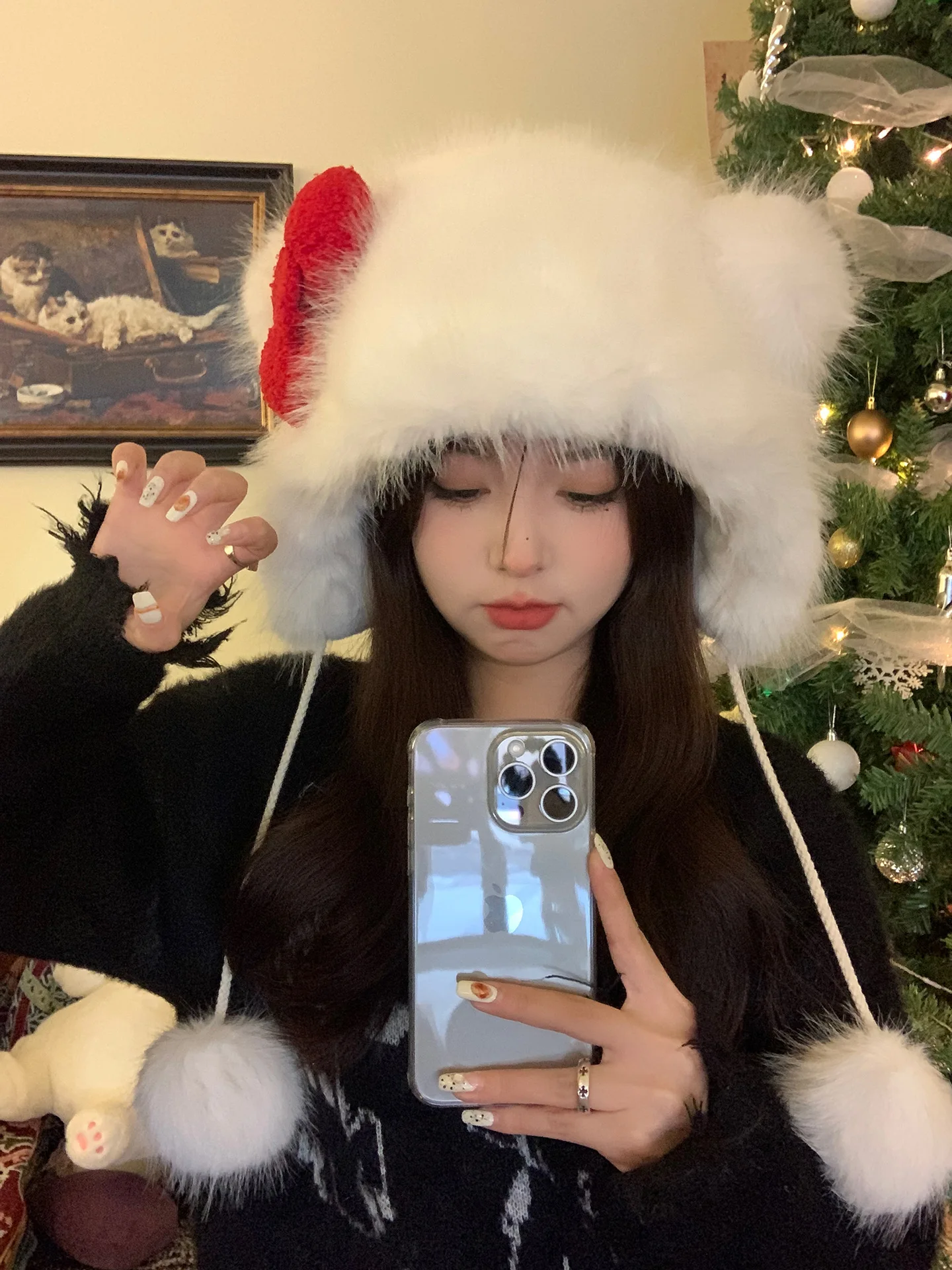 Plush thick warm hat tie Lei Feng hat sweet and cute bow KT ear protection Bao head knitted hat female trend