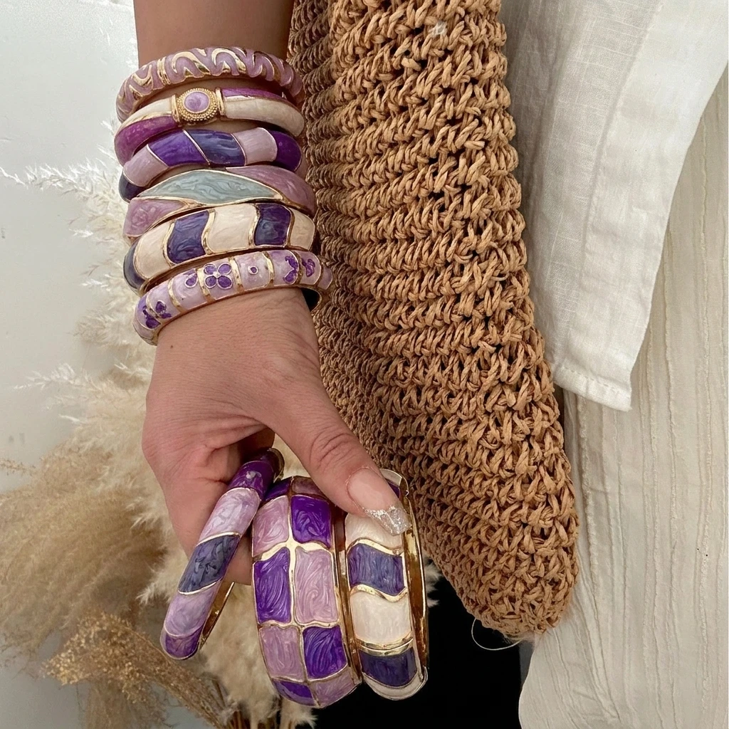 French Luxurious Enameled Bracelet Purple Series Vintage Simple Design Wide Surface Ladies Wristband Gift for Girlfriend Jewelry