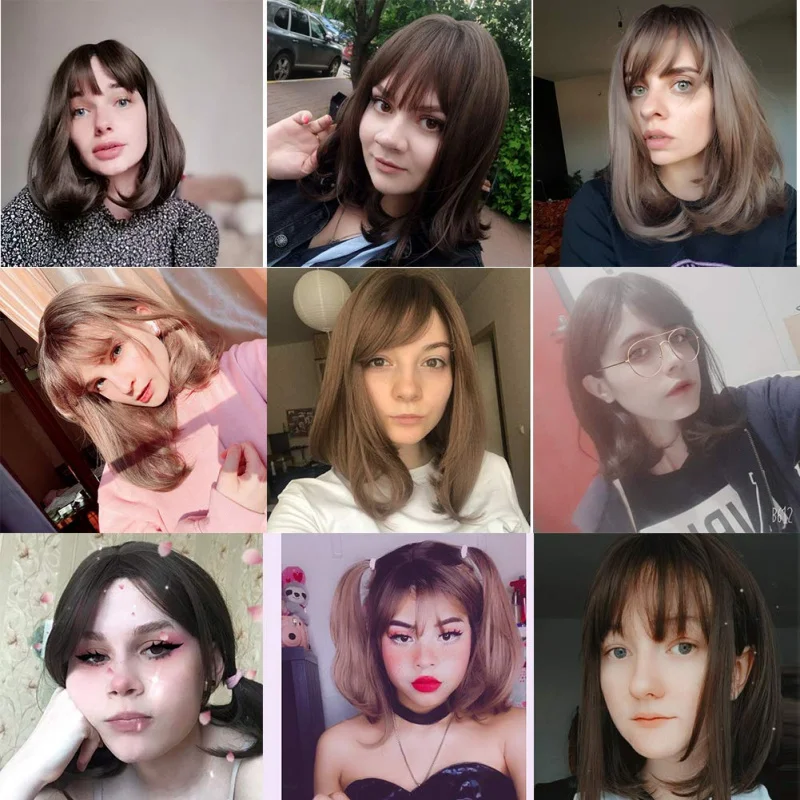 باروكة شعر قصيرة مستقيمة مع غرة، شعر مستعار بني صناعي عالي الكثافة للنساء (بني داكن، 14 بوصة)