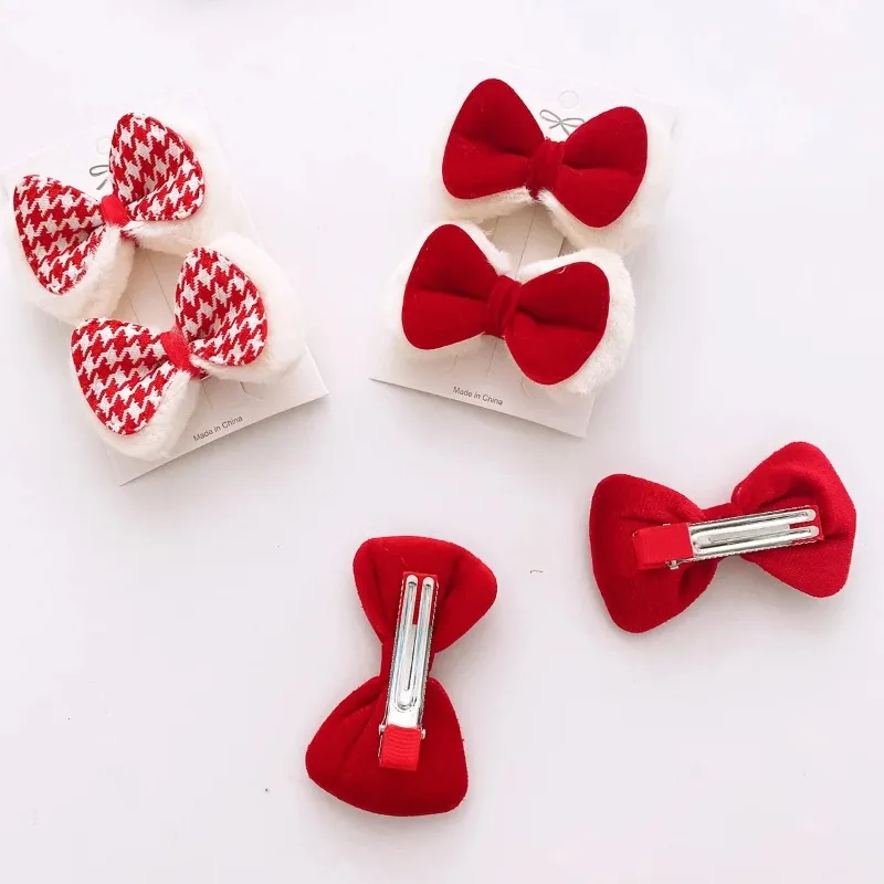 2pcs Plush Bow Princess Hairpins Children Girls Kid Hair Clips Barrettes Accessories Red Color Baby Hairclip Headwear Headdress