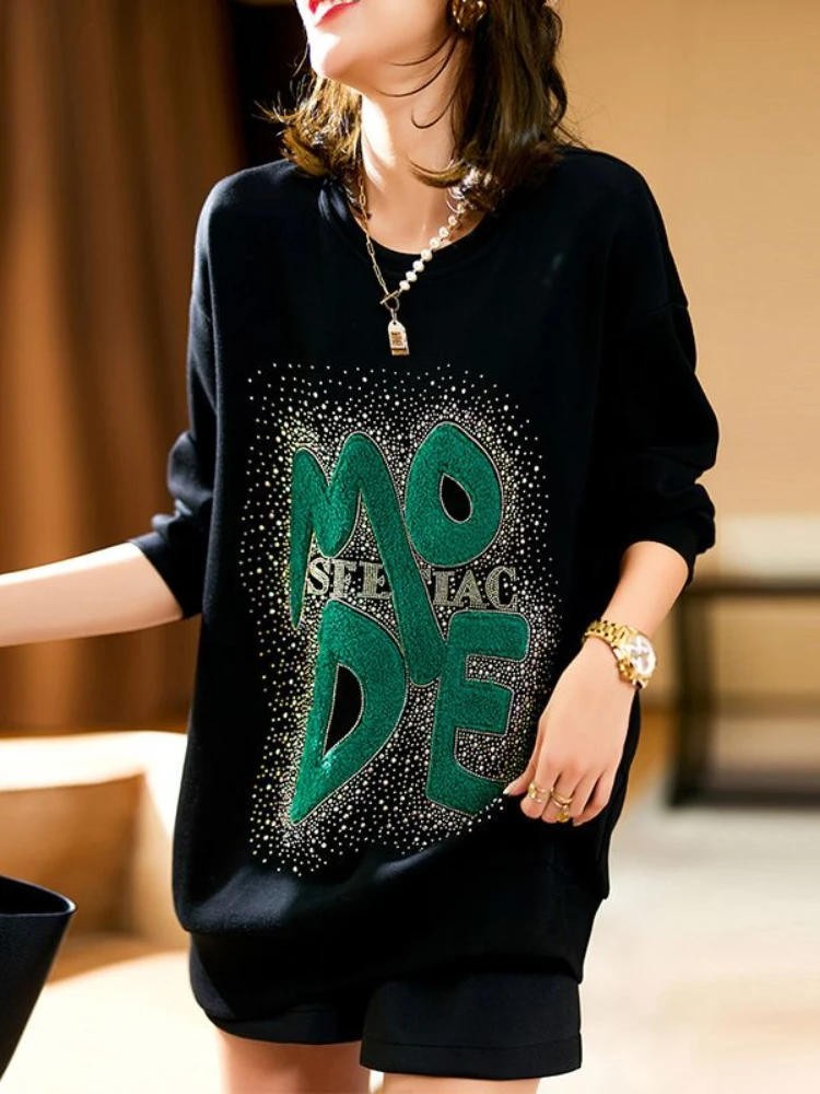 Tops Sequin Pullovers Sweatshirts for Women Rhinestone Long Text Female Clothes Letter Printing Loose Baggy Glitter E New In Xxl