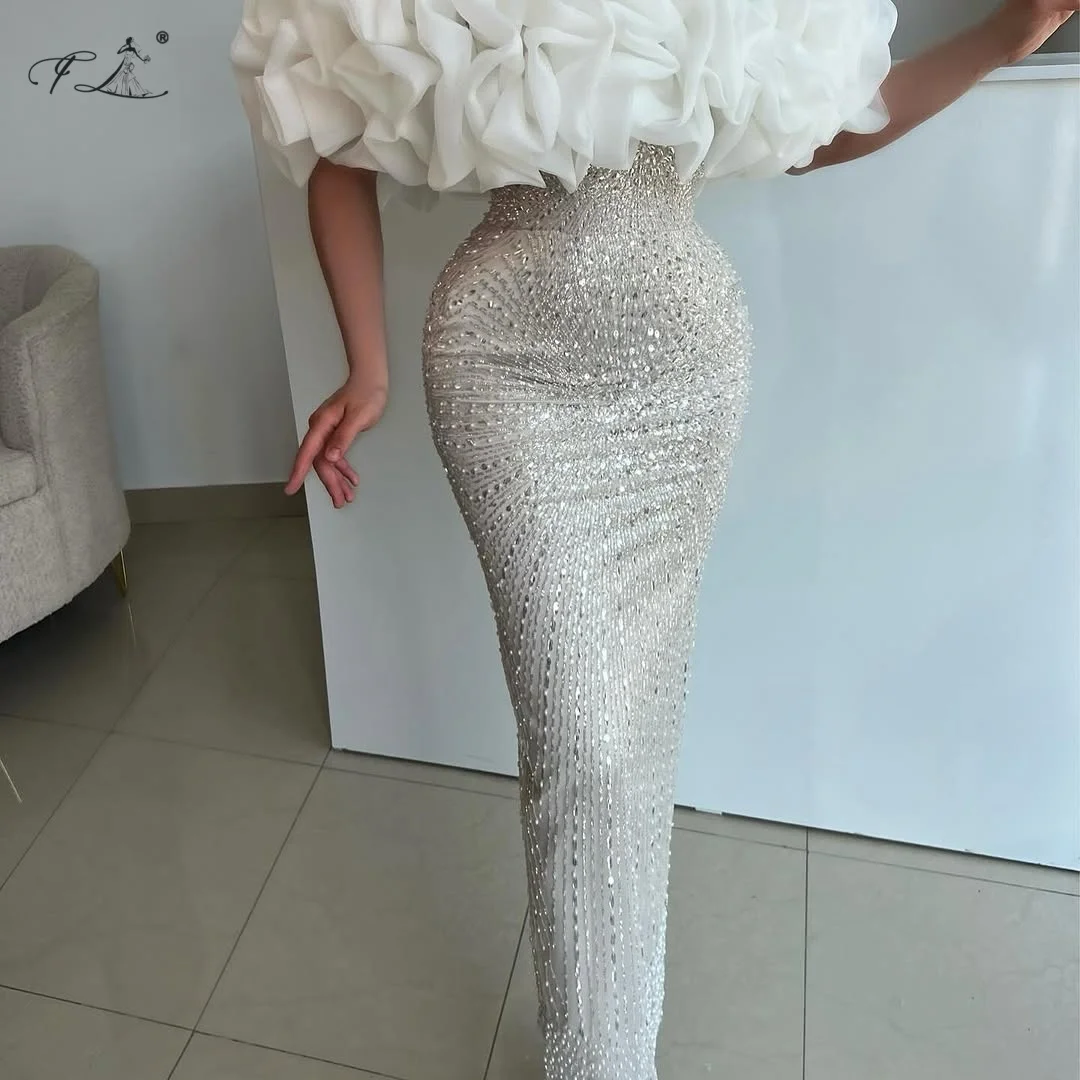 

One-shoulder evening dress white ruffled mermaid dress pearl sequin slim mermaid dress ball gown cocktail dress customizable