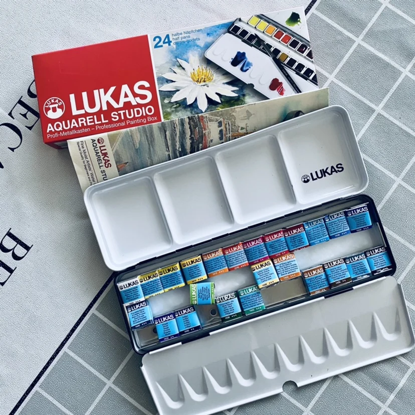 Lukas Solid Watercolor Paints 24 Colors Transparent Watercolor Brush Sketching Portable Palette Metal Box Drawing Supplies