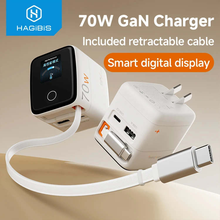 

Hagibis Retractable USB C Charger Desktop Charging Station 70W GaN Wall Charger LED Display Fast Charging for Phone iPad Laptops