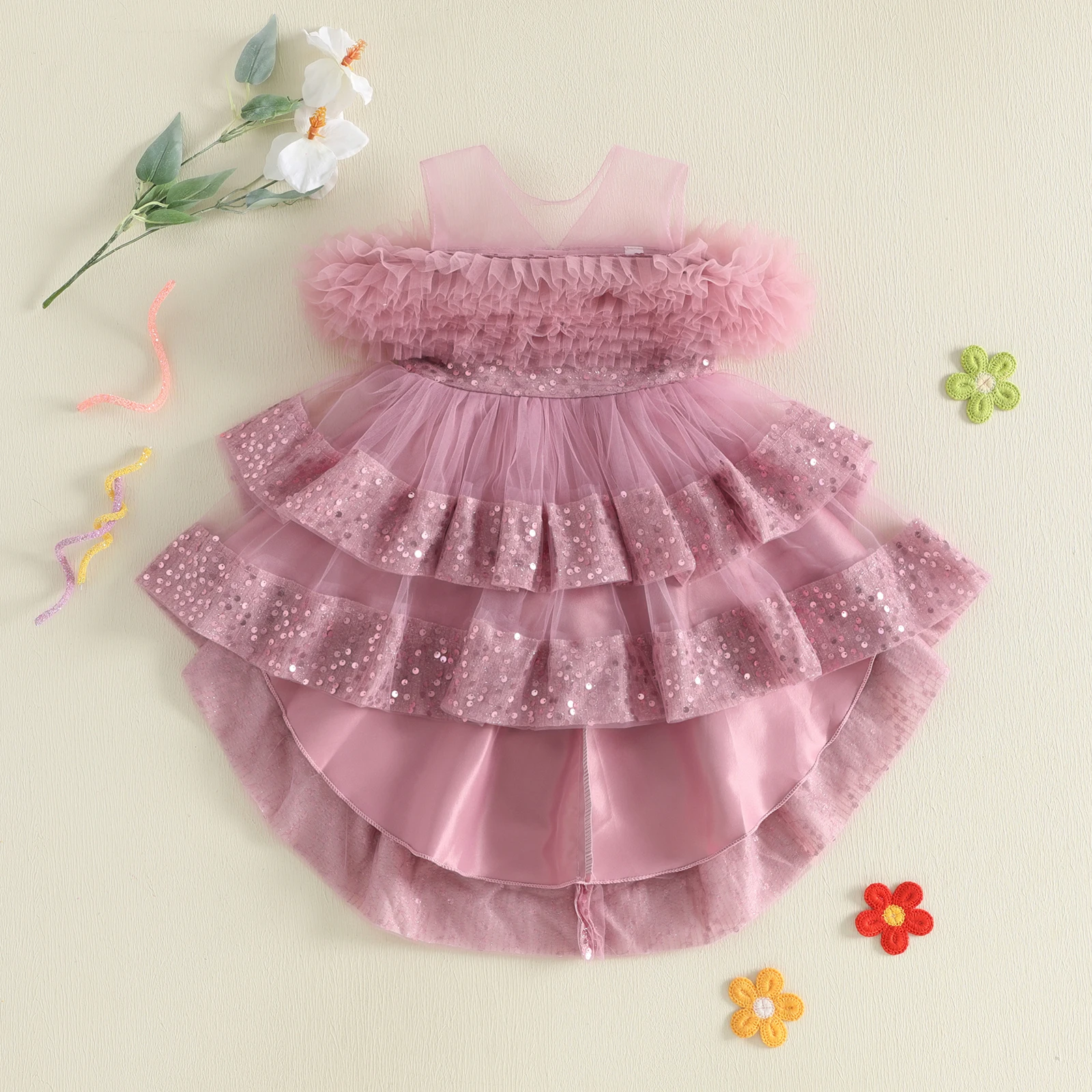 Kids Girls Tulle Princess Dress Ball Gown Shiny Sequins Round Neck High Low Party Dresses for Birthday Wedding Dress