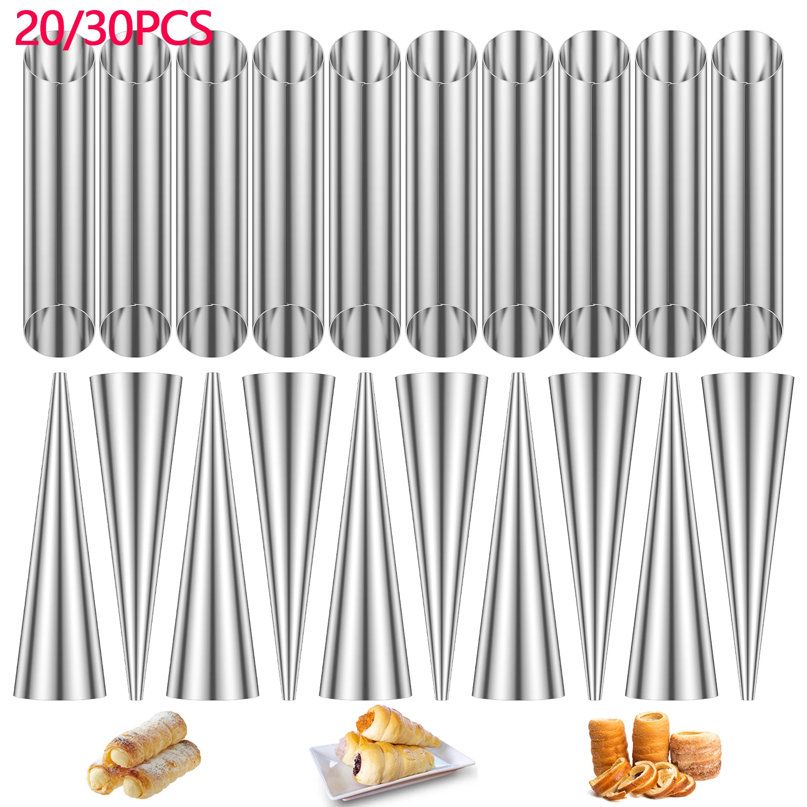 20/30Pcs Cannoli Tubes Stainless Steel Cream Horn Mold Non-Stick Cannoli Forms Conical Tube Cone Dessert Pastry Roll Baking Tool