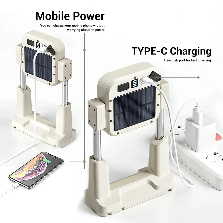 E2 holofotes portáteis LED lanterna de acampamento solar recarregável lanterna super brilhante tocha 360 ° Luzes de trabalho de emergência rotativas