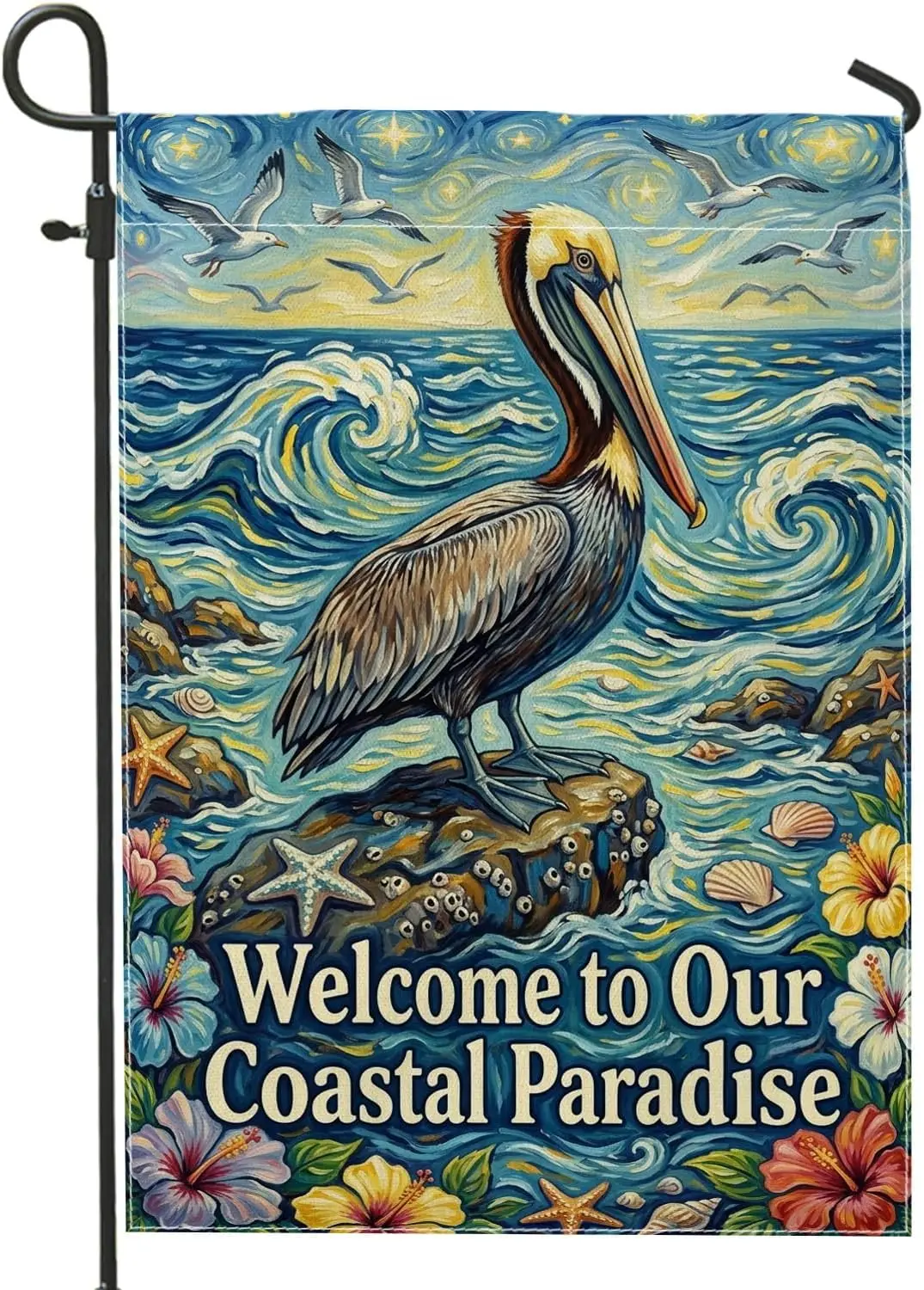 Coastal Bird Garden Flag, Coastal Tropical Waves Starfish Summer Blue Double Sided Burlap Small Garden Yard Flag for Outdoor yyi