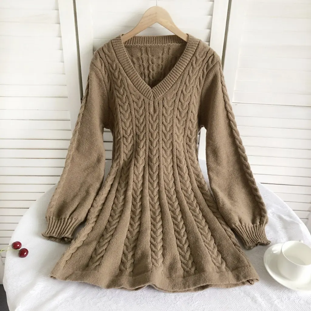 

Chic Korean Style Women's Long Sleeve V-Neck Knitted Sweater Short Dress Autumn Winter New Lantern Waist Design