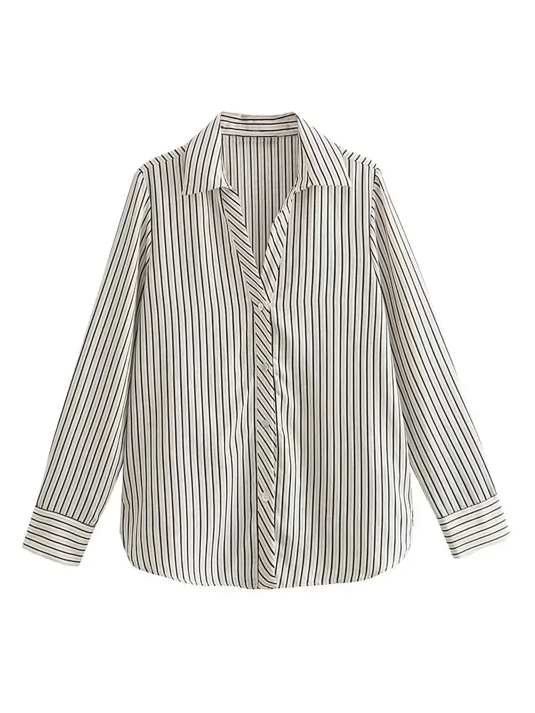 

Women 2025 New Fashion Versatile Style Striped Casual Blouses Vintage Long Sleeve Button-up Female Shirts Chic Tops