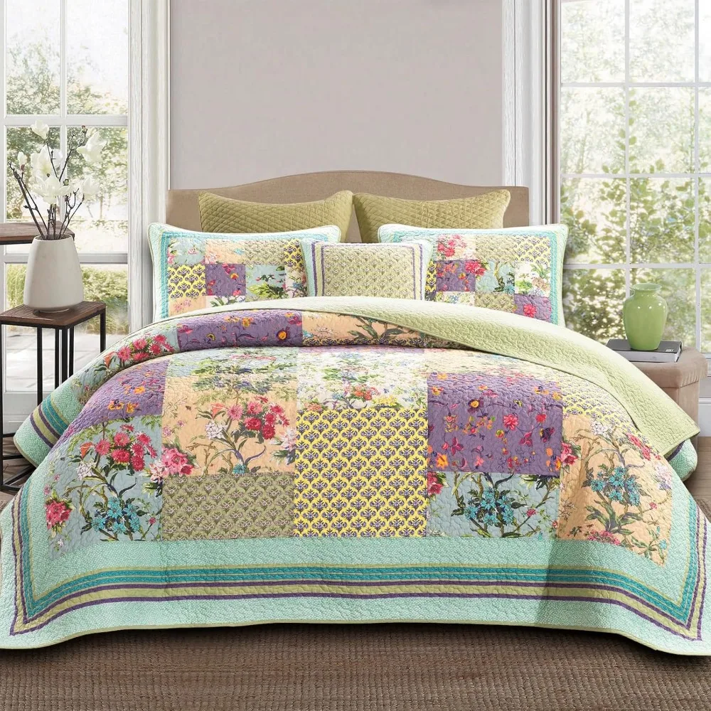 

Quilts Queen Size Patchwork Bedspread Set - 100% Cotton Reversible Breathable Colorful Floral Quilted Quilt with Pillow