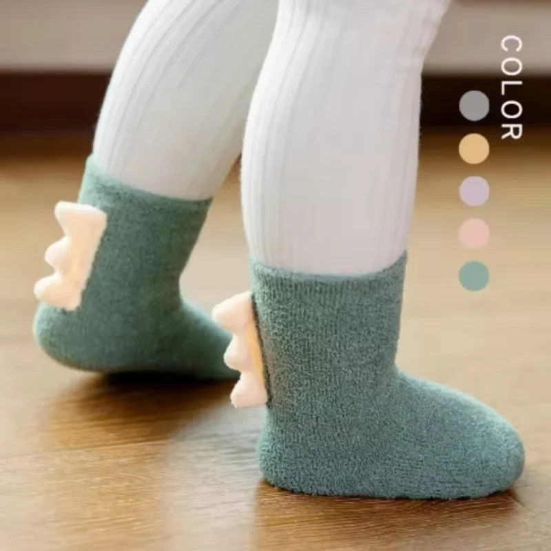 Peuter Kindersokken Pasgeboren Baby Prewalker Winter Dikke Coral Fleece Katoen Dinosaurus Meisje Herfst Baby Jongen Cartoon Sok 0-5T