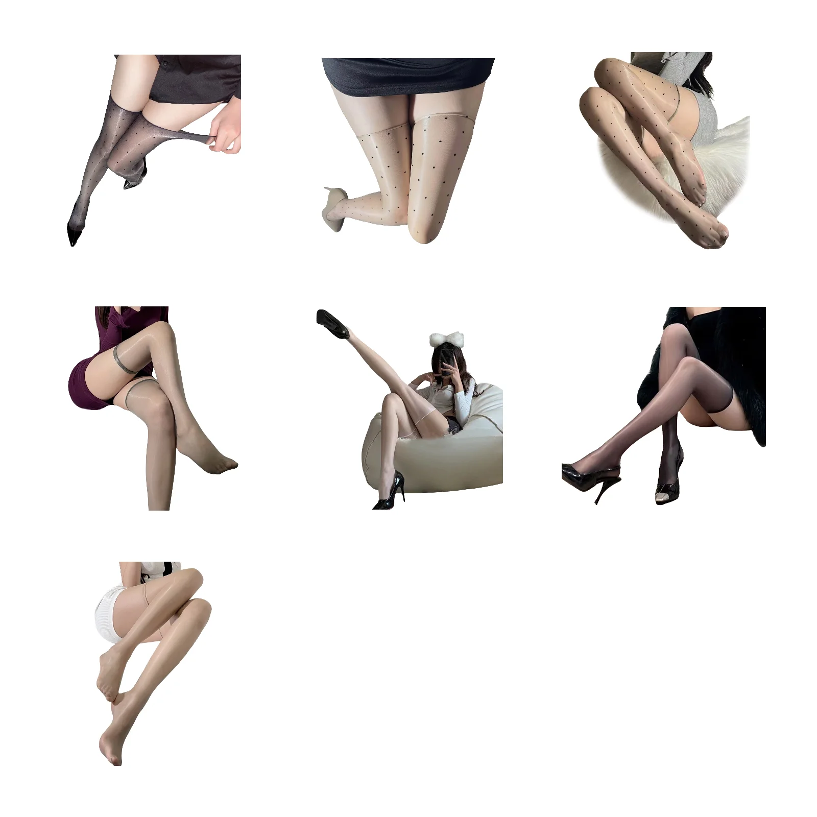 

Glossy knee-high socks 7 pairs set: black/skin color/gray polka dots + pure gray/white/black/skin color