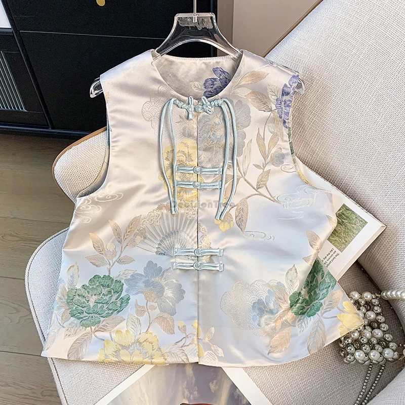

2025 new chinese improved style embroidery sleeveless printed waistcoat women's satin retro cheongsam button vest waistcoat t001