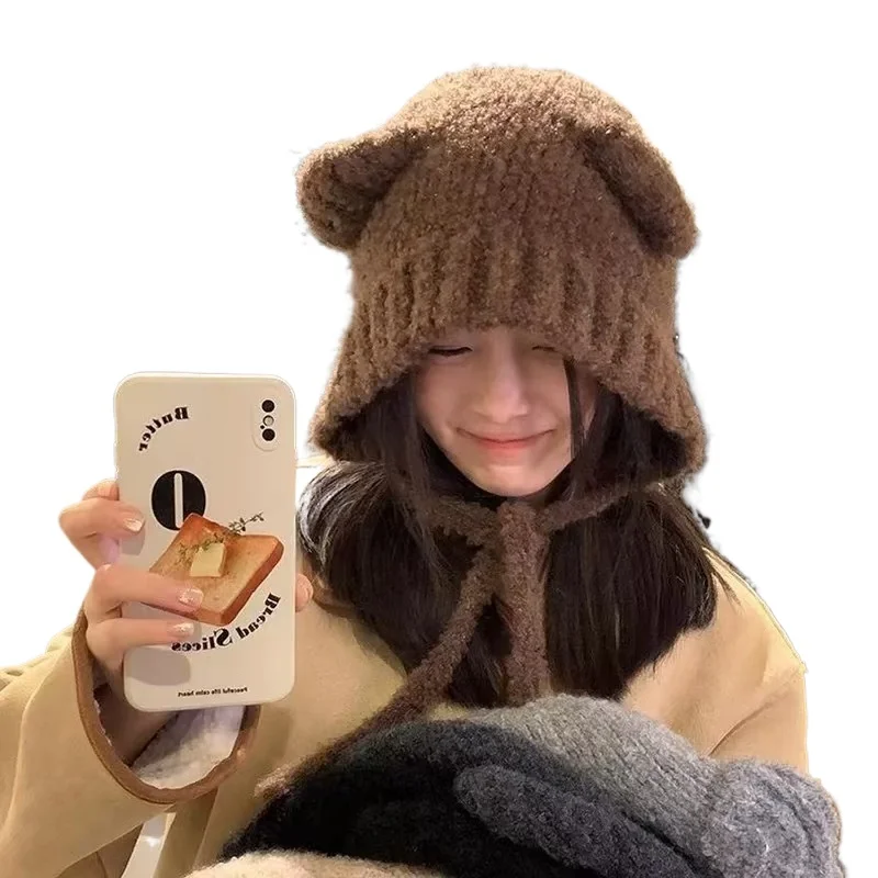 

Bear Ear Beanies Hat Female Autumn and Winter Korean Version Cute Face Small Knitted Wool Hats Gray Warm Ear Hat Beanies
