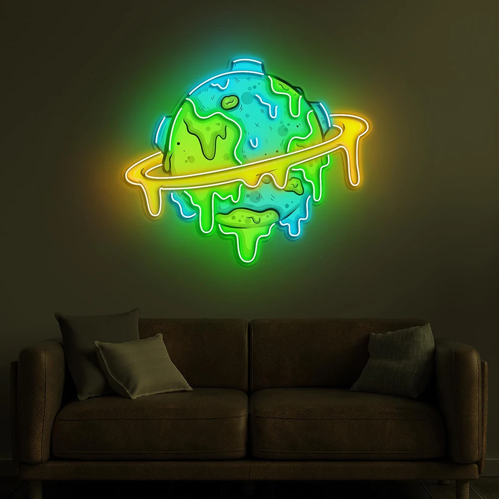 

Dripping Earth Neon Sign Melting Planet LED Light Earth Pop Art Saturn Neon Sign Kids Room Game Room Wall Decor Light Signs