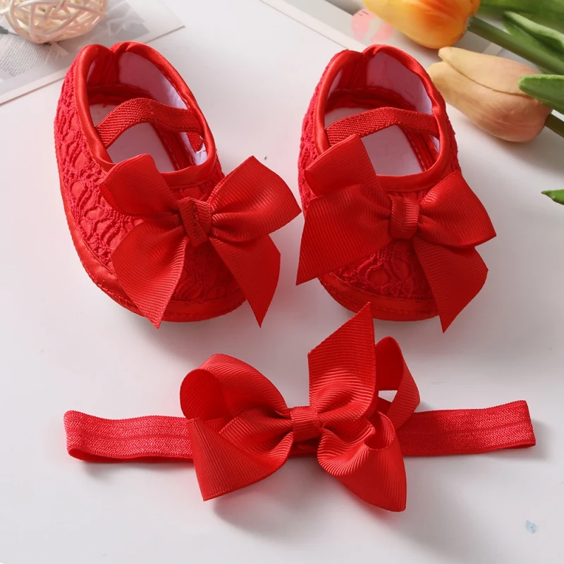 Newborn Baby Girl Christening Shoes Headband Set Soft Sole Lovely Princess Lace Bowknot Infant Non Slip First Walker