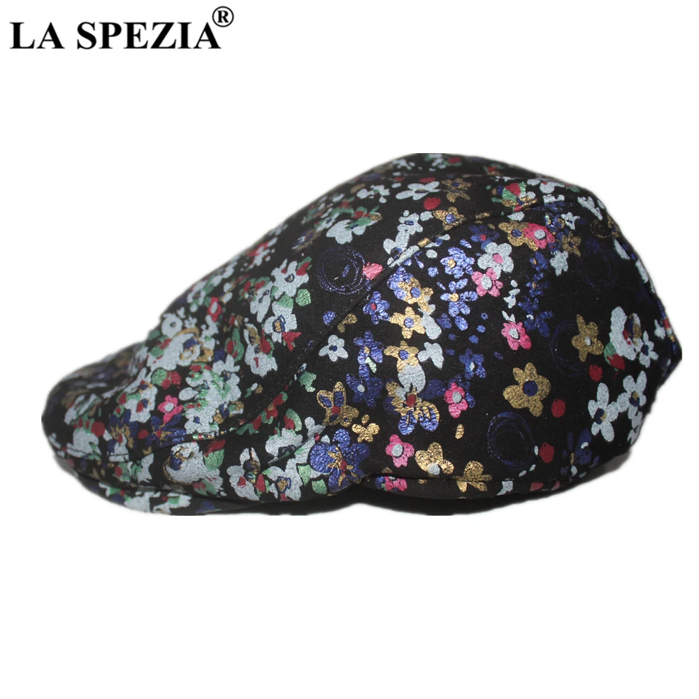 

LA SPEZIA Women Hat Real Leather Print Flat Cap Sheepskin Leather Flower British Vintage Designer Brand Autumn Winter Beret Hat