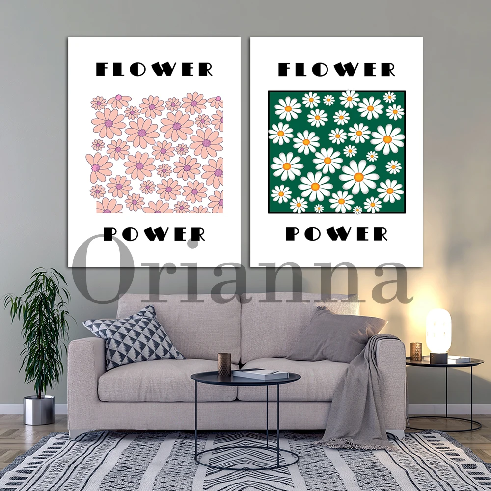 1950s Aesthetic Pink Botanical Flower Power Retro Wall Art Canvas Prints Posters Living Room Bedroom Corridor Decor Painting