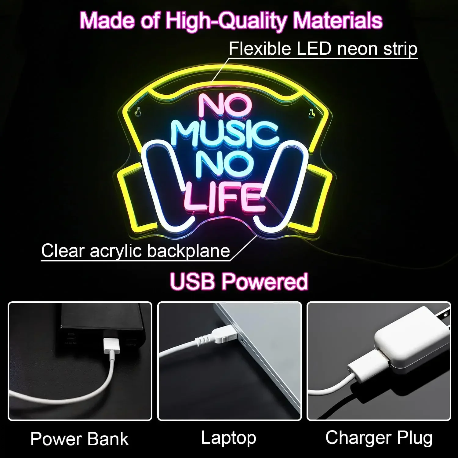 No Music No Life Neon Sign Yellow Pink Blue LED Wall Art Guitar Shape Glow USB Powered Dimmable Acrylic Lamp Bar Decor