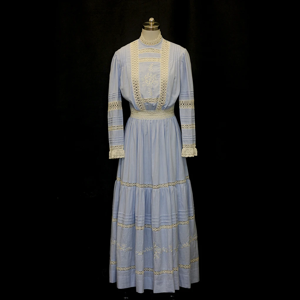84-100cm busto primavera otoño Maxi vestidos para mujeres Vintage elegante ajustado bordado Sexy ahueca hacia fuera el encaje 100% algodón vestido largo azul