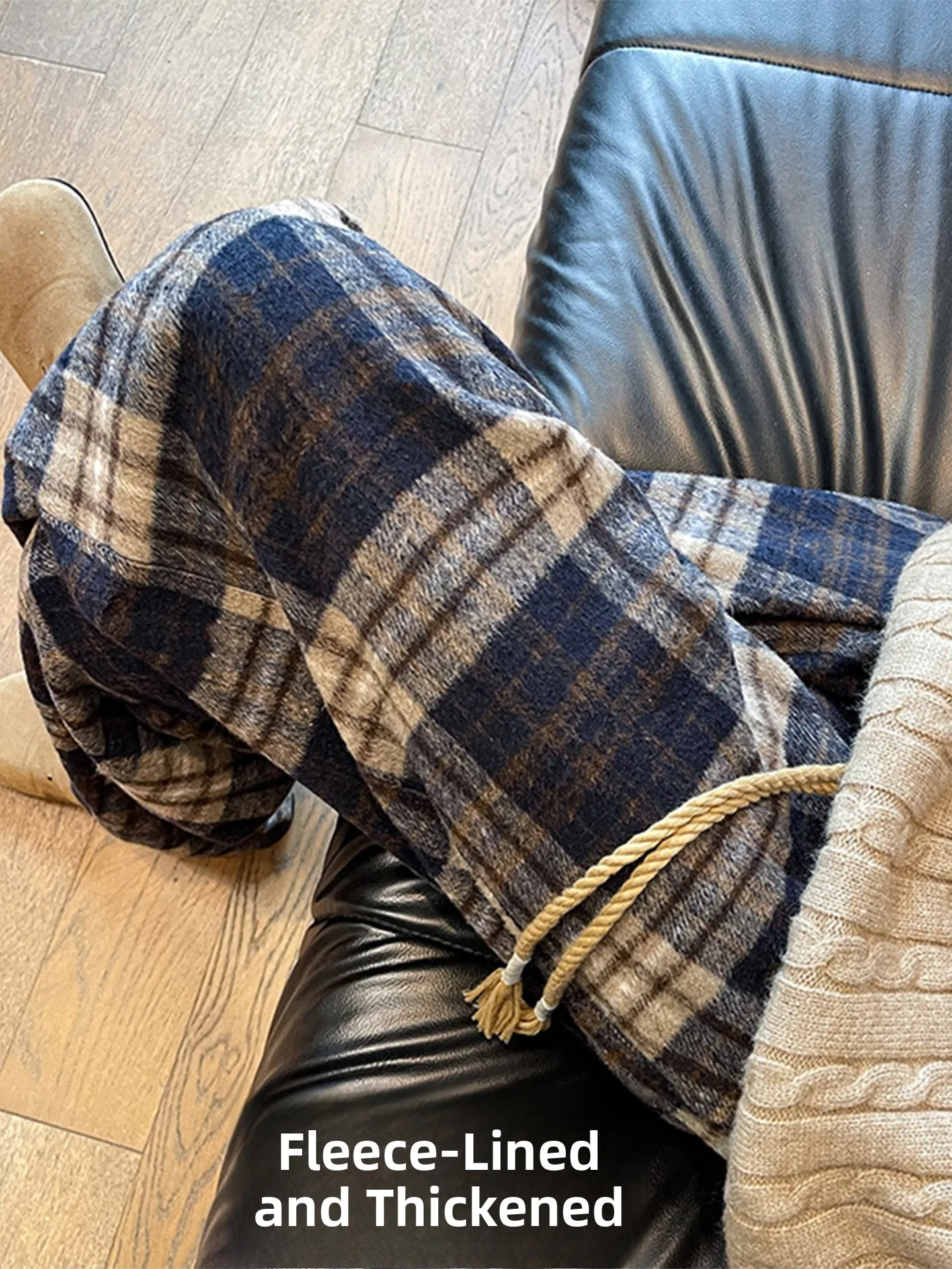 

Laid-ba Japanese Sle Thiened Fce Lined Woolen Casual Pants Winter Men's Loose Straight Legged Floor-Length Trousers