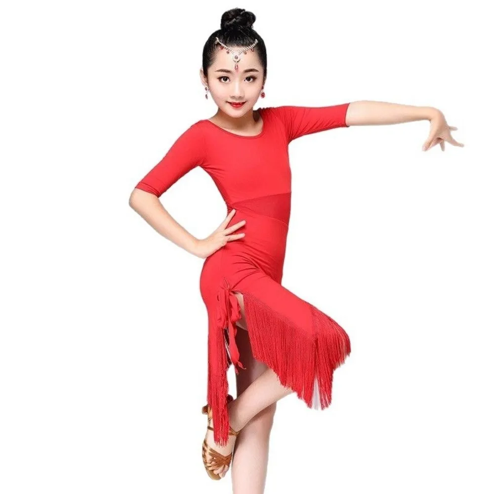 

Fringe Tassel Latin Dance Dress Black Red Rumba Samba Stage Outfits Professional Cha Cha Ballroom Dance Costume Unisex Girls
