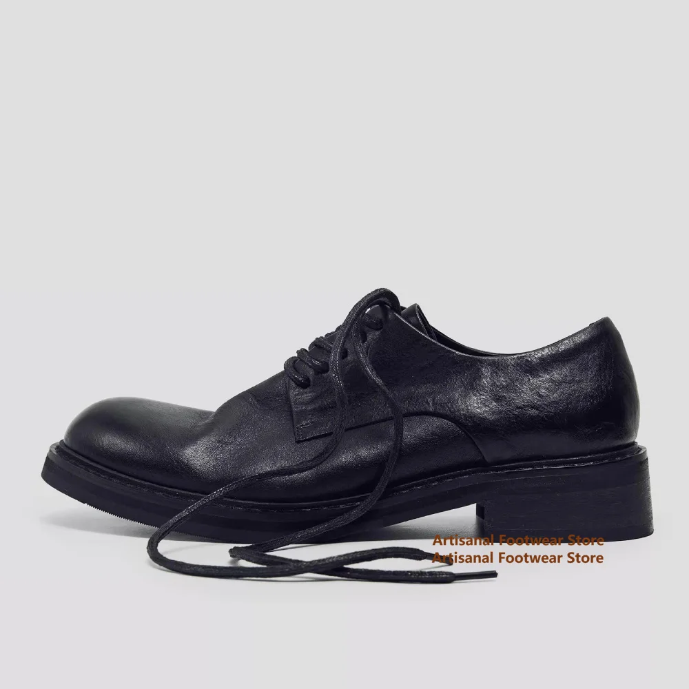 

Black Leather Round-Toe Lace-Up Derby Shoes Chunky Sole Height Increasing Business Leather Shoes ﻿ Men's Low-Heel Oxford Shoes