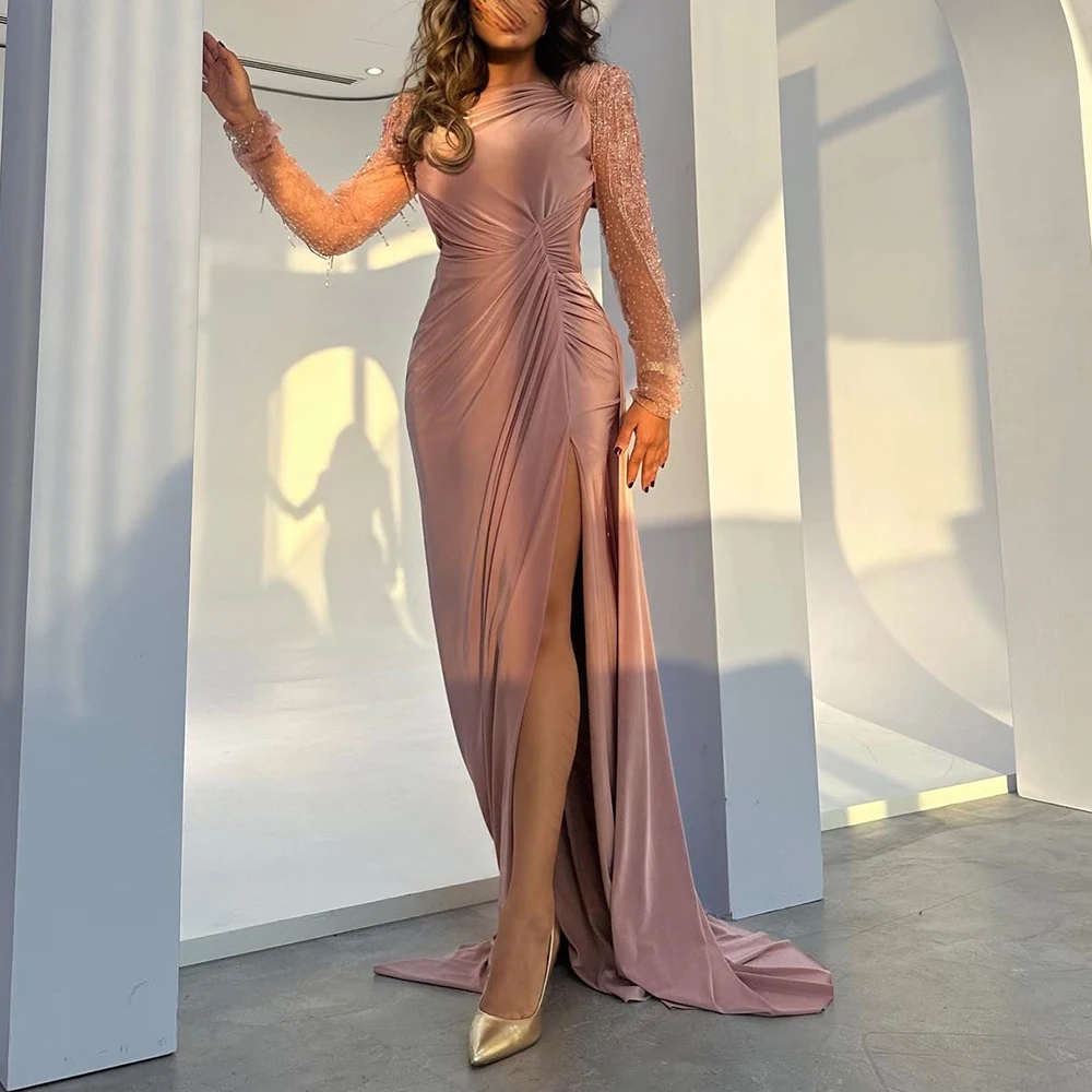 

Customized Classic Straight Floor Length Crew neck Jersey Long Sleeves Evening Dress Elegant Photo Color vestidos para mujer