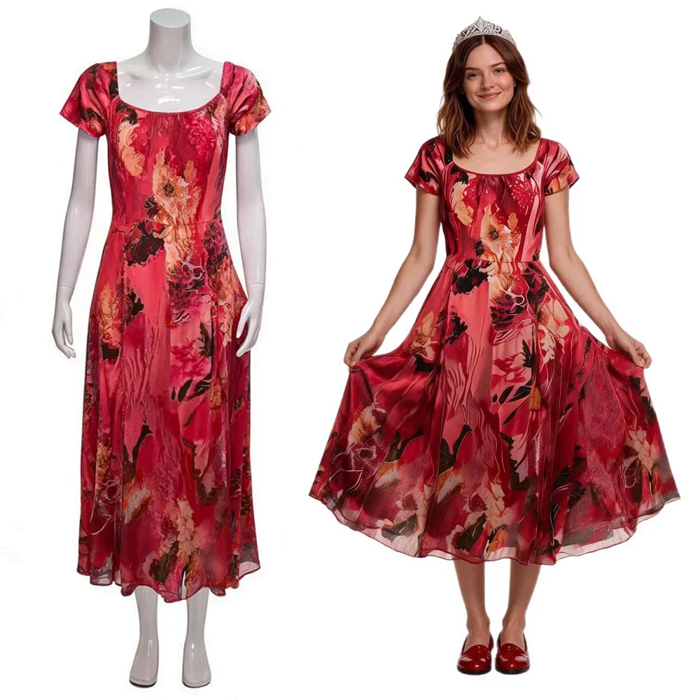 Patricia Moyer Widow's Bay Cosplay Dress Women Red Floral Print Midi Dress Square Neck Short Sleeve Costume Halloween disguise