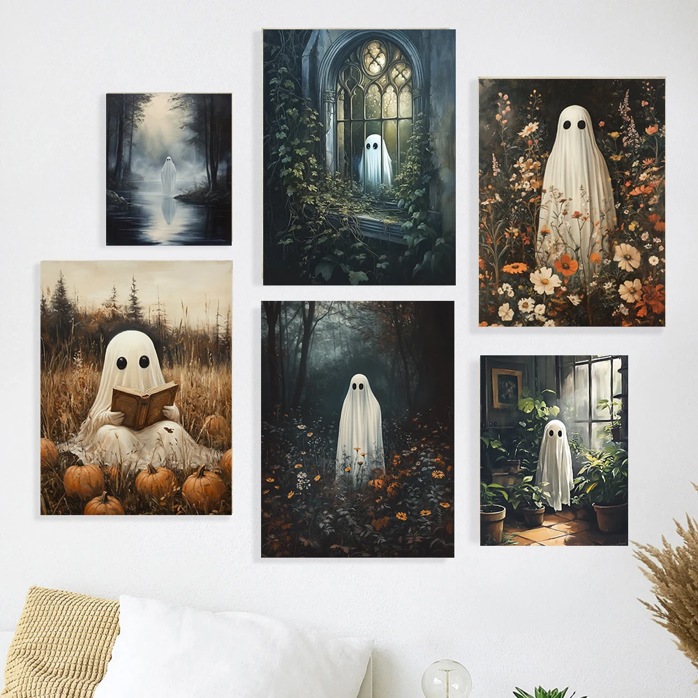 Cute Ghost In The Forest Dark Academia Little Spooky Art Prints Funky Horror Vintage Poster Haunting Ghost Halloween Wall Decor