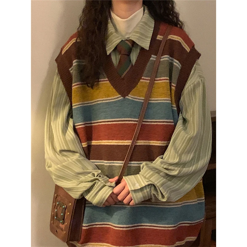 Vintage Striped Sweater Vest Women Harajuku Sleeveless Knitted Pullovers Streetwear Oversized Waistcoat Knitwear Korean Jumpers