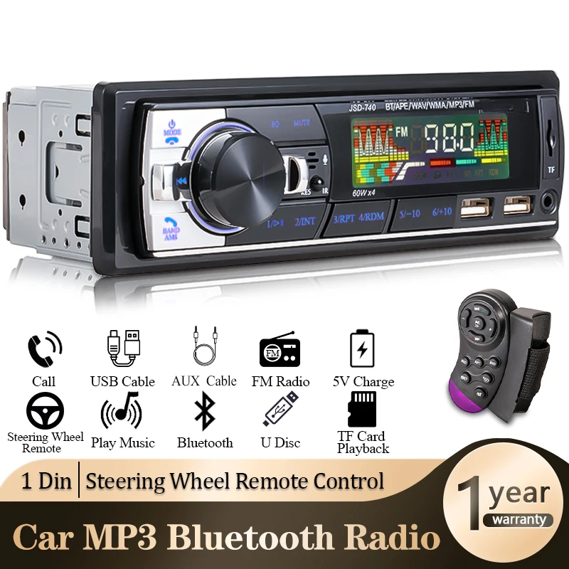 Car Radio 1din Bluetooth Audio Stereo MP3 Player FM Receiver 60Wx4 With Remote Control AUX/USB/TF Card In Dash Kit