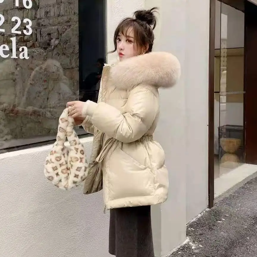 

Real Fox Big Hair Collar Down Jacket 2024 Female Winter New White Duck Down Thickened Warm Hooded Waist Slim Puffer Jacket