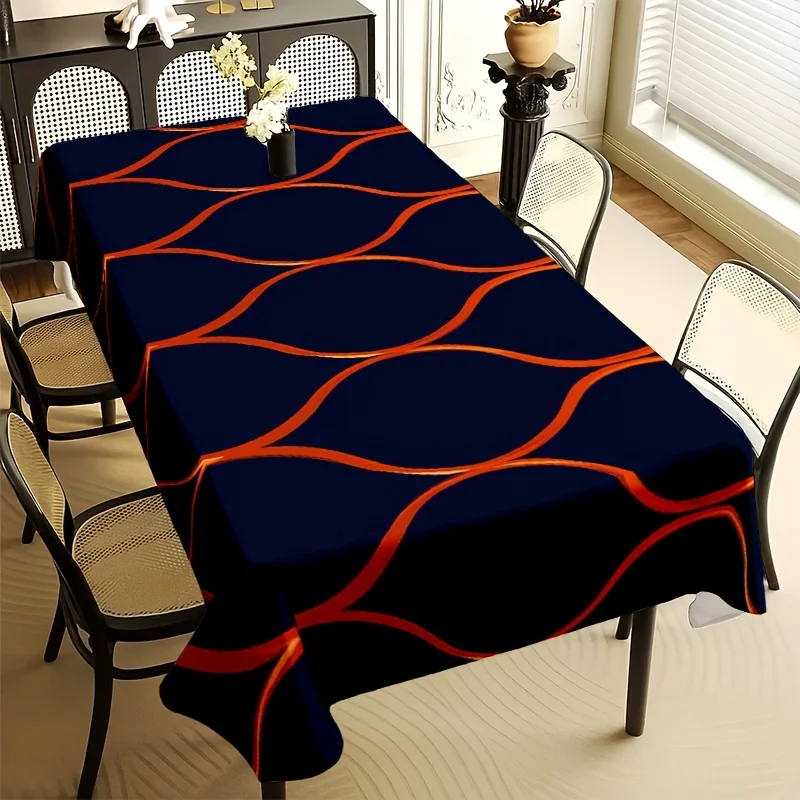 Abstract Curved Line Table Cloth, Navy Base with Bold Orange Wavy Stripe Pattern, Waterproof Table Cover for Indoor Dinner