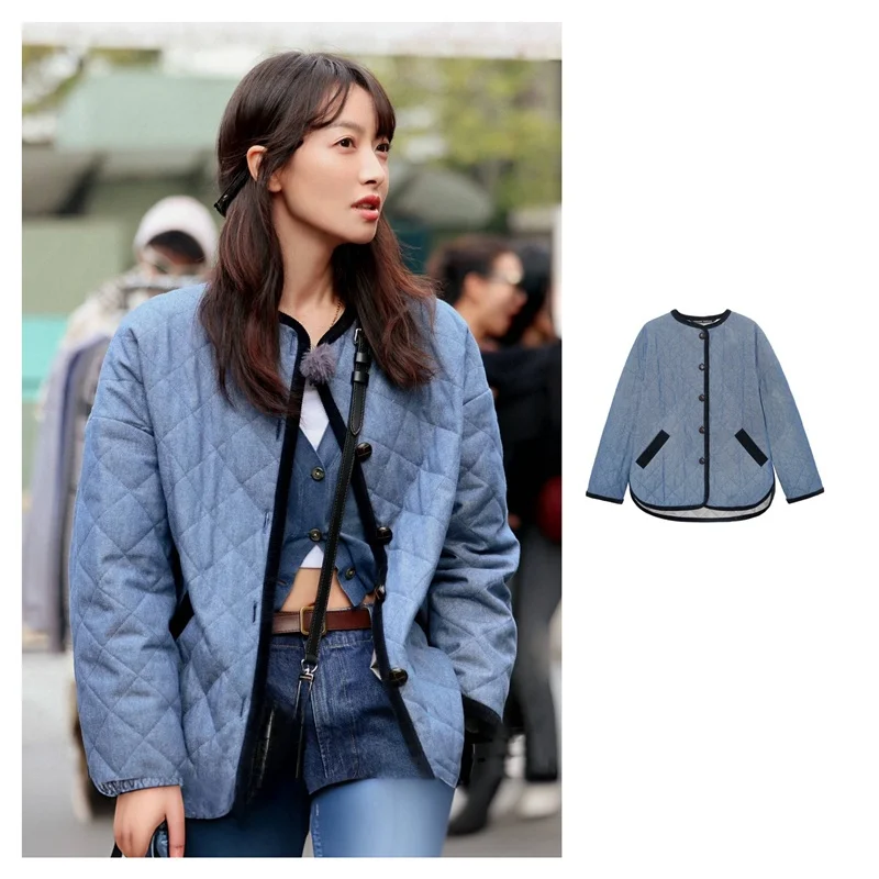 

Autumnal Quilted Cotton Denim Jacket with Diamond Pattern Song Si Private Collection Commute Style Long Sleeve round Neck