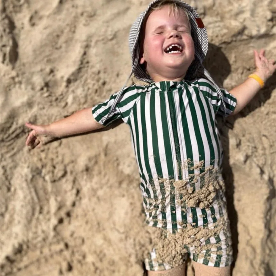 New Baby Boys Sunscreen Swimwear Summer Kids Floral Striped Pattern Zipper Bathing Suits Girls Beach Printed Swimming Hot 1-8Y