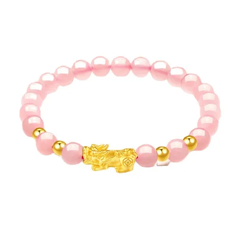 24k pure gold charms bracelet 999 real gold pixiu bracelet 6mm pink beads hand string