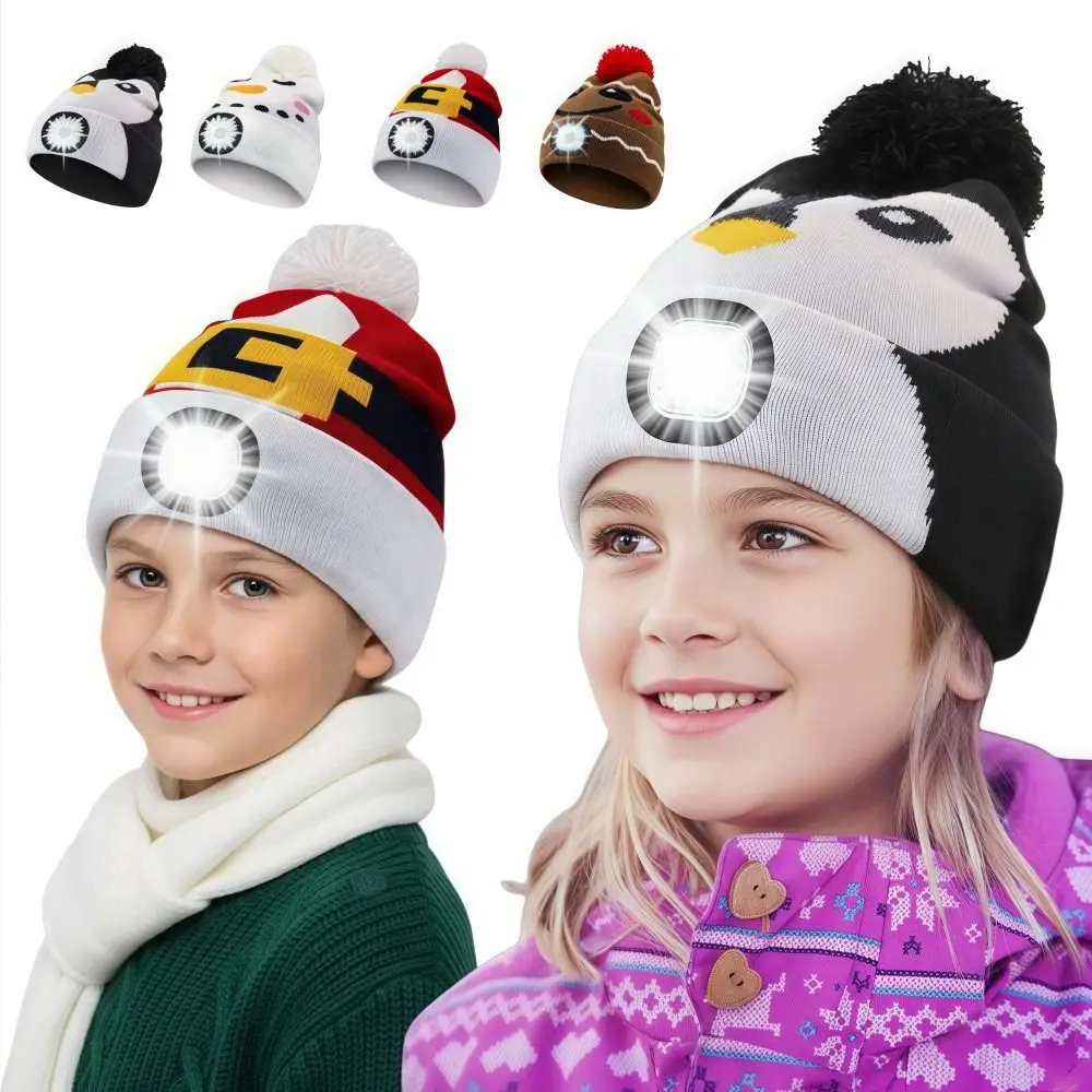 USB充電式LEDライトアップニット帽、取り外し可能な漫画ヘッドランプキャップ、発光デザイン、冬用暖かいニットナイトライトハット