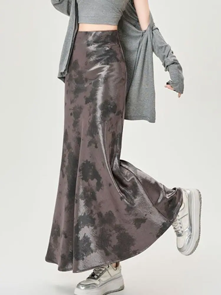 Elegantพิมพ์ผ้าไหมกระโปรงยาวผู้หญิง 2025 เกาหลีแฟชั่นY2kเสื้อผ้าFaldas Largas CasualสายสีดําMidiกระโปรงHarajuku