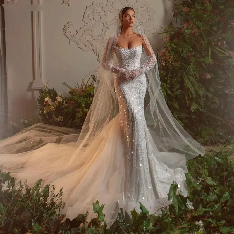 Customized Strapless Sleeveless Bridal Dresses Sparkly Sequins Pearls Wedding Gown Luxury Mermaid Bride Robe Vestido De Novia