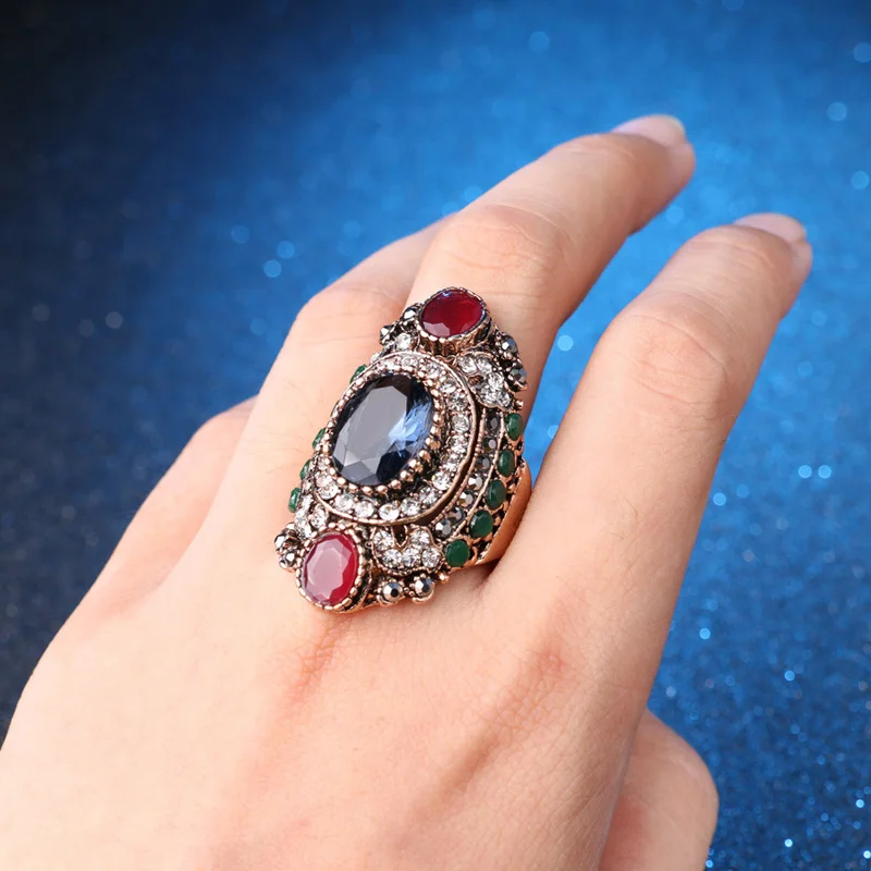 2026 Punk Women' Engagement Gold Color Rings Big Crystal Opal Turkey Rings for Female Medieval Jewelry Vintage Anel Bulgaria
